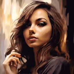 painting of a girl in an artistic manner,a woman looking down with a brown background