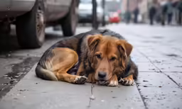 brown and black dog laying down on the sidewalk