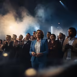 a woman standing in front of a crowd of people