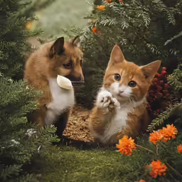 two cats sitting on top of grass near plants