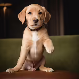 a little puppy sitting on a couch looking at the camera