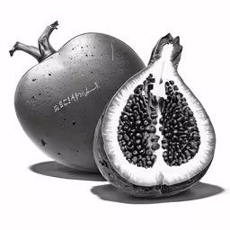 a black and white picture of a pomegranate