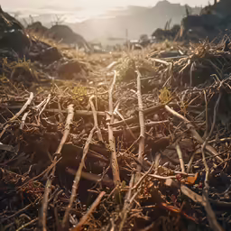 the sun shines on some very old grass
