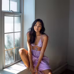 an image of a girl in purple sitting on a window sill,a woman sitting by a window in front of a window