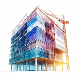 an office building under construction with a crane in the background