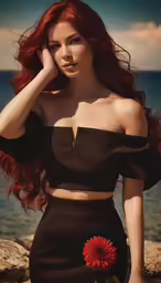 the beautiful redhead woman is posing on the rocks with her hands over her head