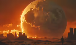 a man is standing near the structure of a giant moon