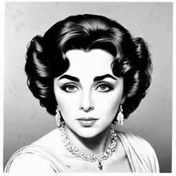 a black and white portrait of a woman wearing pearls and a necklace