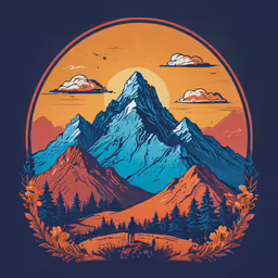 an illustration of a mountain with a sunset behind it,mountains with trees and cloudy sky in the background