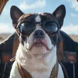 a small dog wearing glasses looks forward