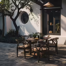 there is a patio and the back of a building