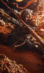 a man sitting on the ground with two crossed weapons