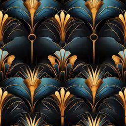 an artistic art deco wallpaper with gold and blue feathers