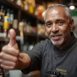 a man making the thumbs up while sitting in front of some beer bottles