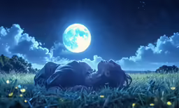 a young woman laying down in a grassy area next to the moon