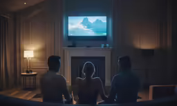 the couple are sitting in front of the fire place watching television
