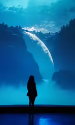 silhouette of person against dark sky with moon and clouds