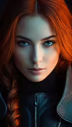 a girl with red hair in black jacket