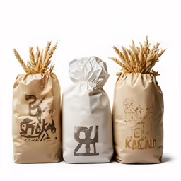 two sacks with wheat sprouts next to them