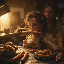 a woman leaning her head in front of a plate with hot dogs on it