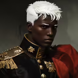 the man is wearing white hair in a military uniform