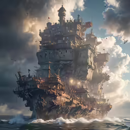 a large, old ship floating off into the ocean