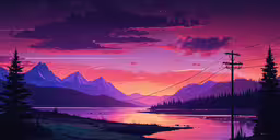 an image of purple sunset over a forest with lake and telephone lines,the sun is rising over a mountain range and trees are in the foreground