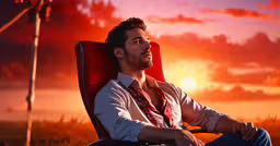 a man sitting in a chair on a cloudy sunset,a man is sitting down watching the sun go down