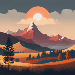 painting of a mountains landscape with pine trees,a stylized painting of a forest and mountains at sunrise