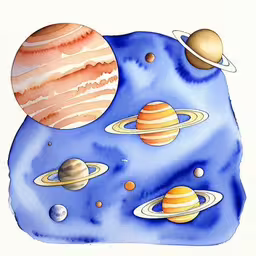 a drawing of some planets on a blue background,the planets in space watercolor drawing