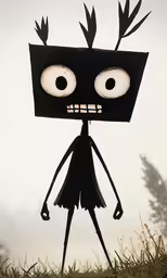 a black cardboard cut out has a creepy face and long legs