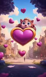 a person holding a pink heart in the air with some hearts coming out of it