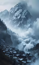 an aerial view of a mountain in a foggy area