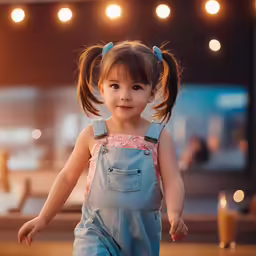 an adorable little girl in overalls walking down a street