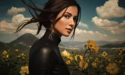 the beautiful woman is posing in a field of flowers