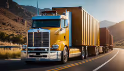 a truck with the trailer on is driving down a road,a large truck travels along a highway near mountains