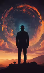 an artist stands on the edge of a mountain, looking at a sky with a spiral of stars,a man standing in front of a vortex at sunset