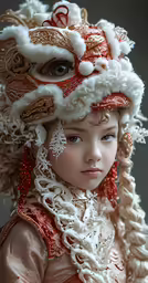 a doll wearing an asian costume with red and gold accessories