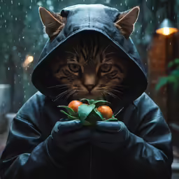 cat dressed as a thief with oranges in his hands