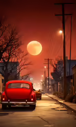 a red car is parked on the street next to the moon