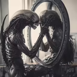 an alien sitting in front of a mirror