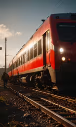 a passenger train in the distance being pulled by a man with a backpack,a red and silver train traveling down tracks