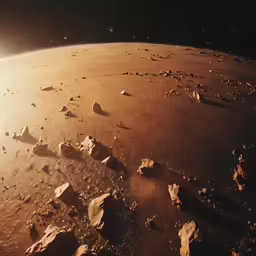 a view of the earth from space shows rocks, rubble and small stars