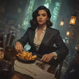 a woman in a suit sits at a table with chips