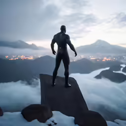a man stands atop a mountain in his black wetsuit