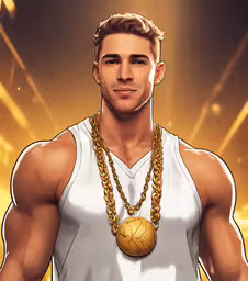 a man in white tank top holding up his necklace,the man is wearing a golden necklace and a gold medal