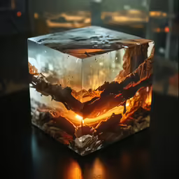 a glowing box made out of glass sits on a table