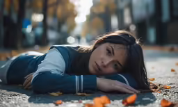 a young woman laying on the ground next to leaves