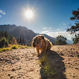 a dog walking across a dirt field with sun in the background