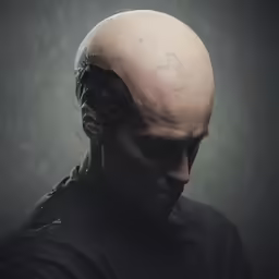 a man with a bald head and hair with one eye open
